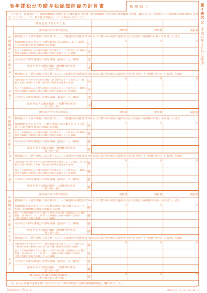 第4表の2―暦年課税分の贈与税額控除額の計算書